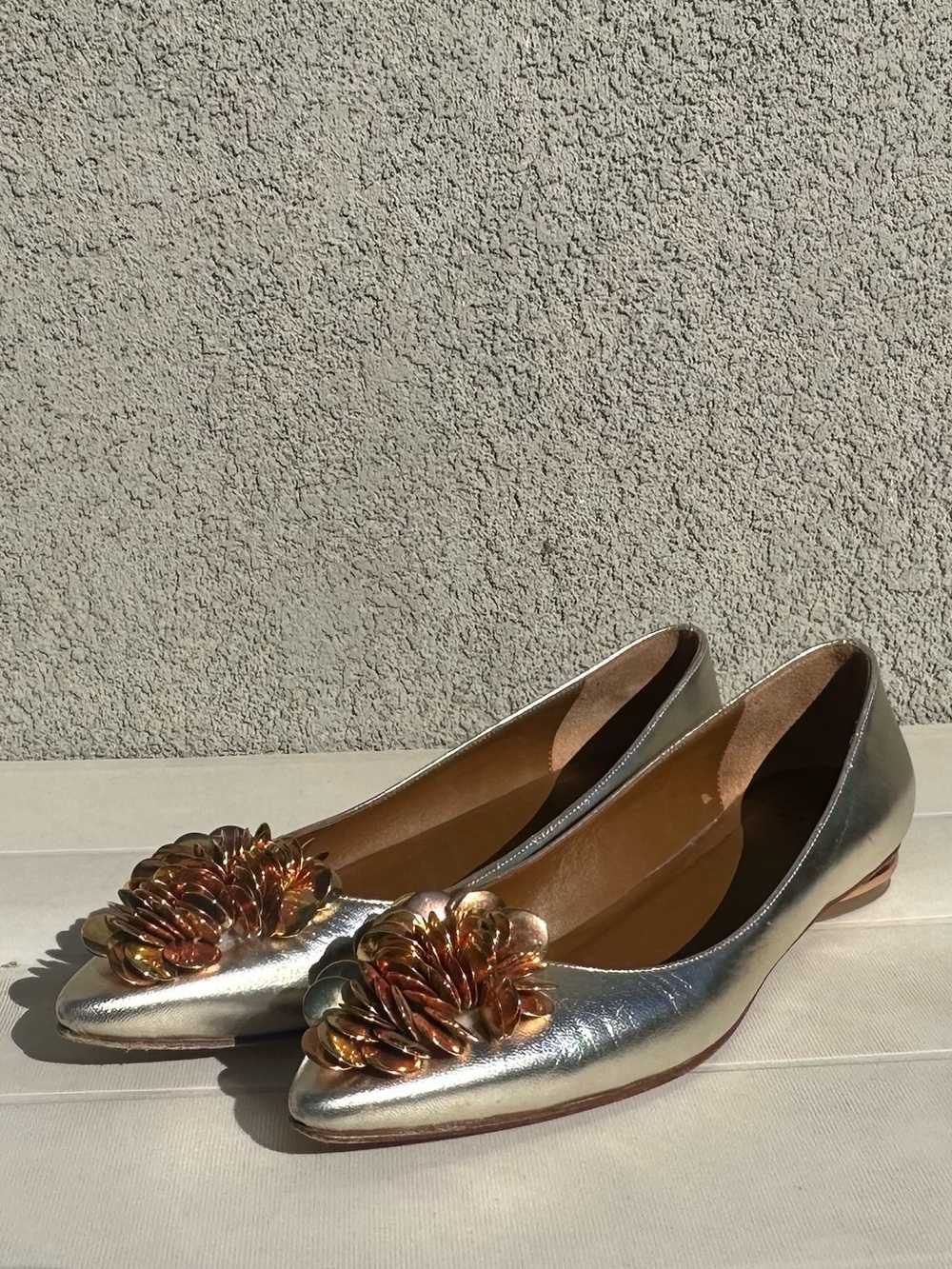 Aquatalia Metallic Gold Pointed Toe Flats with Gold Floral Accent